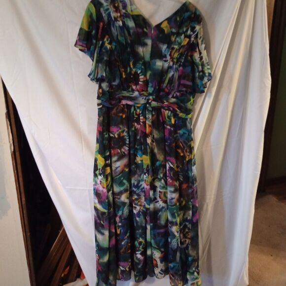 Romans Multicolor Floral Maxi Dress Sz. 18 Flutter Sleeve Event Gathered Waist - Picture 3 of 7
